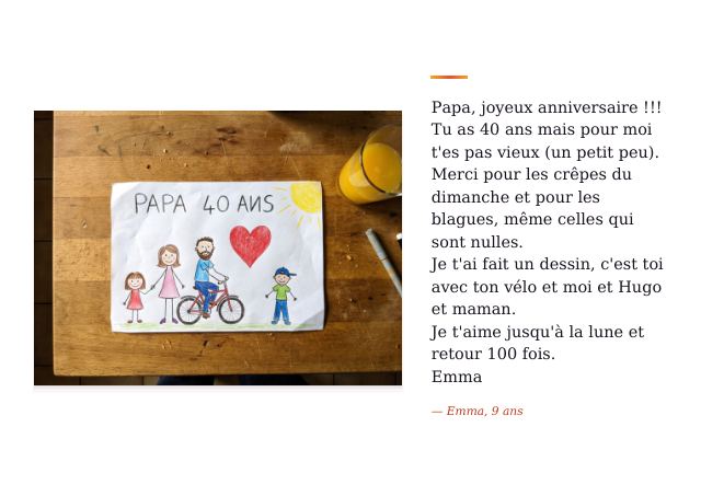 Page 2 du carnet : le mot écrit d’Emma, 9 ans, et sa photo (image générée)