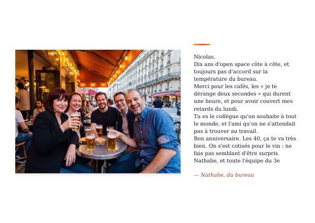 Page 3 du carnet : le mot écrit de Nathalie, du bureau, et sa photo (image générée)